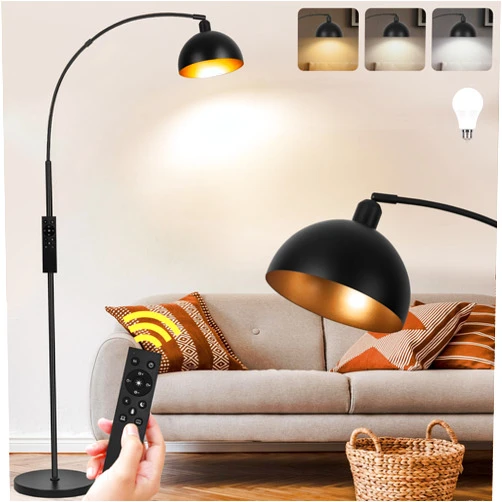VenzBlomia 【Upgraded】Black Arc Floor Lamps for Living Room - Dimmable Arched Floor Lamp with Remote Control & 2700-6000K 9W LED Bulb Included, Modern Arch Standing lamp, Industrial Tall Lamp for Bedroom Reading