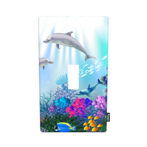 Pznen Sea Light Switch Cover Ocean Animal Dolphin Shark Underwater Aquarium Corals Ocean Blue 1-Gang Toggle Switch Plate Under The Sea Party Wall Art