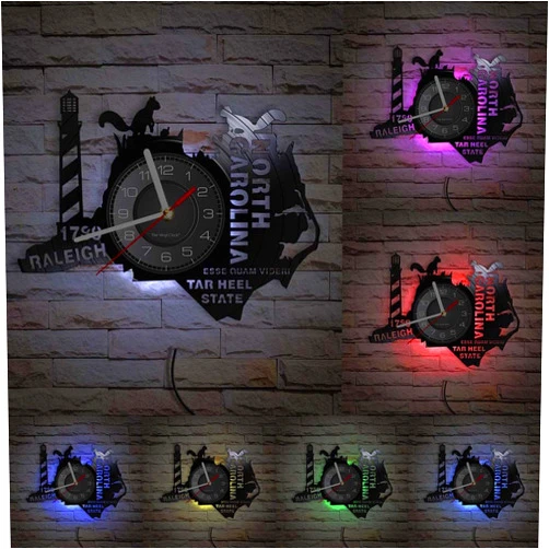 Timethink 12'' The Tar Heel State North Carolina LED Vinyl Records Wall Clock with 7 Colors USA State Modern Decorative Vinyl LP Records Wall Clock Living in North Caroline Gifts for The Homesick