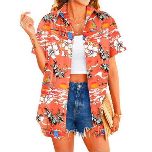 HOTOUCH Women's Hawaiian Summer Cool Floral Tropic Print Beach Short Sleeve Button Up Shirt