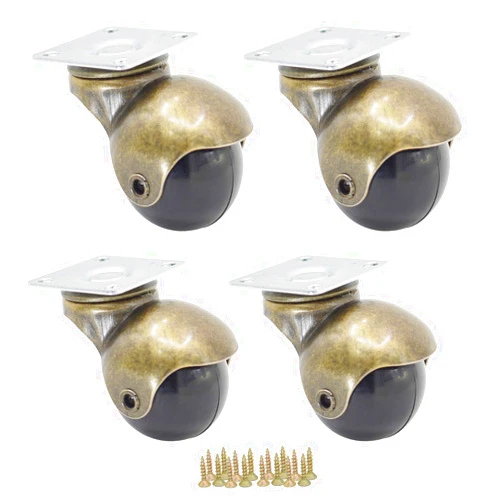 Casoter 1.5 Inch Furniture Caster Wheels with Screws Antique Gold Small Ball Wheel Top Plate Swivel Install Castor for Shopping Cart, Sofa Protect to Hardwood Floor (Set of 4)