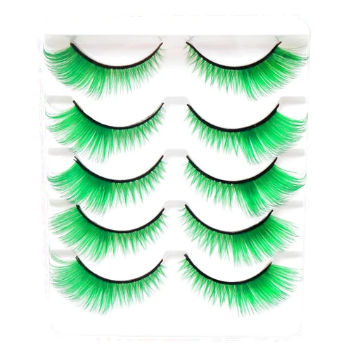 Charklik False Lashes Natural Lashes 5 Pairs Cat Eye Fluffy False Eyelashes for Halloween, Cosplay, Party, Stage Makeup (Green)