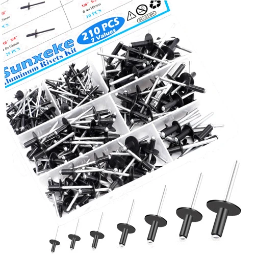 Sunxeke 210pcs Black Pop Rivets Assortment Kit,7 Sizes Large Flange Aluminum Rivets(1/8 inch 3/16 inch 1/4 inch),Assorted Blind Rivets for DIY/Automotive Repairs/with Box