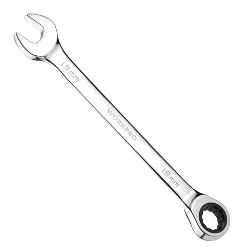 WORKPRO 19mm Ratcheting Combination Wrench Metric, CR-V Constructed with Mirror Polish Chrome Plating, 12-Point Design, 15-Degree Offset
