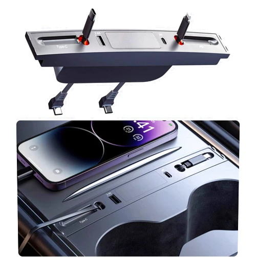 Vugosson Retractable USB Hub for 2021-2024 Tesla Model Y & 2021-2023 Model 3 Center Console with Fast Charging and Built-in Charging Cables, Accessories for Tesla Model 3 and Model Y 2024 2023