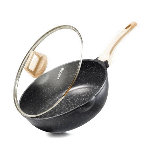 CAROTE 12Inch Nonstick Deep Frying Pan with Lid, 5.5 Qt Jumbo Cooker Saute Pan with Pour Spout, Skillet Induction Cookware, Non Stick Cooking Pan PFOA Free, Classic Granite
