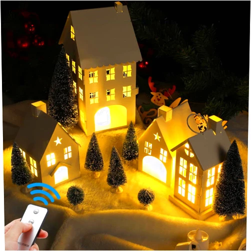 Geetery 17 Pcs Lighted Christmas White Village Houses Set Metal Christmas Village Buildings with Decorative Christmas Trees Remote Control Led Candles White House Decor (AAA Batteries Not Included)