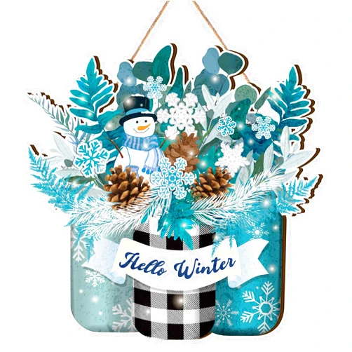 BBTO Hello Winter Door Sign Snowman Blue White Front Door Decor Winter Wood Hanging Sign Farmhouse Hanging Plaque for Rustic Porch Outdoor