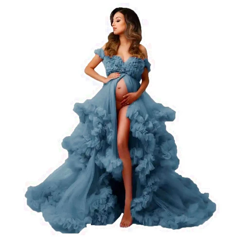 PRESEOSSA Women's Tulle Robe for Maternity Photoshoot Puffy Ruffles Bridal Lingerie Bathgown Illusion Wedding Scarf