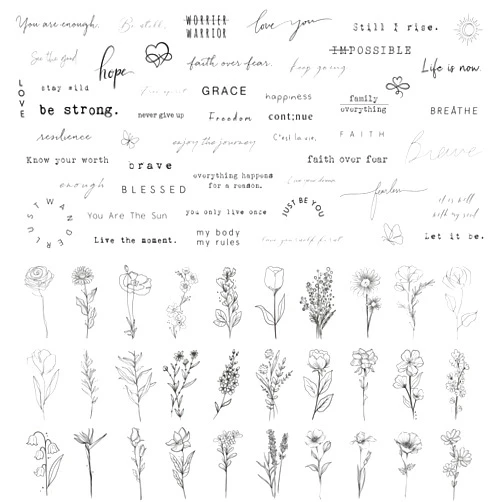 TATUWST Realistic Temporary Tattoos - 60 Sheets Tiny Small Removable Tattoos, 30 Pcs Inspirational Quotes Words Tattoos, 30 Pcs Wild Flower Ink Line Botanical Floral Leaf Tattoo Stickers for Women