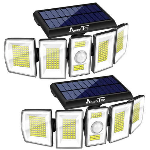 AmeriTop Solar Lights Outdoor 300 LED 7000K Motion Sensor Lights Cordless; 5 Adjustable Heads, 360° Wide Angle Illumination, IP65 Waterproof, Security LED Flood Light for Patio Yard Garden 2 Pack
