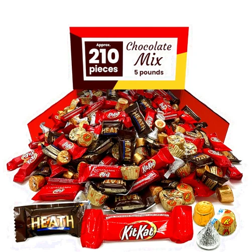 CHAIN & JO SWEETS Bulk Chocolate Candy Mix - 5 Pounds Approx 210 Miniature Size - Hershys Kisses , Reeces Peanut Butter Cups , Heath Toffe Candy - KitKat Bars - Rolo Chocolate Caramel - Chocolate Candy Bars Minis - Bulk Chocolate Bars Bulk Candy Individually Wrapped Snacks For Adults & Kids - Chocolates For Gifting or Pinata Candy