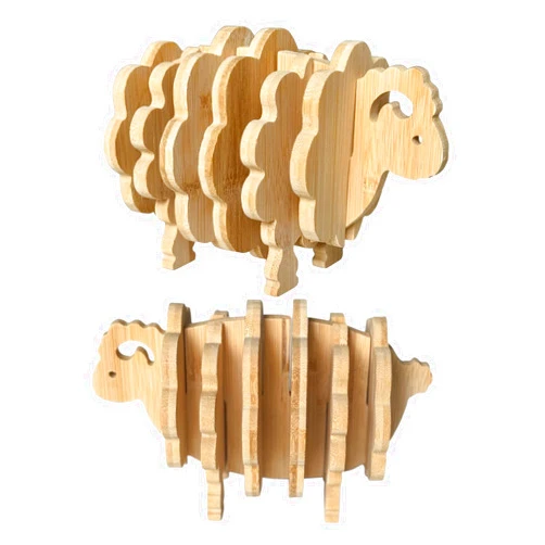Consh 7 PCS Wood Coasters with Holder, Sheep-Shaped Table Pads, Small Medium and Large Size, Cute Coasters for Hot and Cold Drinks Dishes and Pans, Table Protection