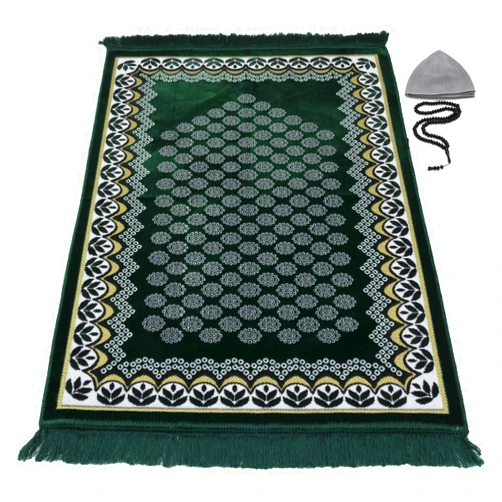 Modefa Turkish Islamic Velvet Prayer Rug - Thin & Lightweight Praying Carpet - Muslim Janamaz Sajadah for Men & Women - Ramadan or Eid Gift - with Kufi Cap & Beads - Floral Daisy Arch (Green)