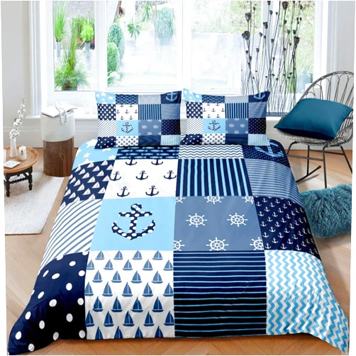 Feelyou Nautical Comforter Cover Set Navigation Theme Patchwork Bedding Set Anchor Compass Sailing Ship Print Duvet Cover Set for Kids Boys Child Bedroom Quilt Cover Decor 3 Pcs King Size