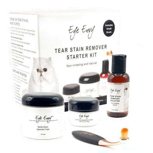 Eye Envy Cat Tear Stain Remover Starter Kit with ProPowder Brush | Stain Solution, Applicator Pads, Stain Powder and Small Applicator Brush | Lasts 30-45 Days