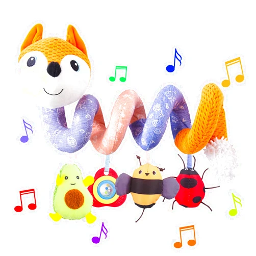 HILENBO Car Seat Toys, Infant Baby Orange Fox Spiral Plush Activity Hanging Toys for Car Seat Stroller Bar Crib Bassinet Mobile with Music Box BB Squeaker and Rattles（Orange）