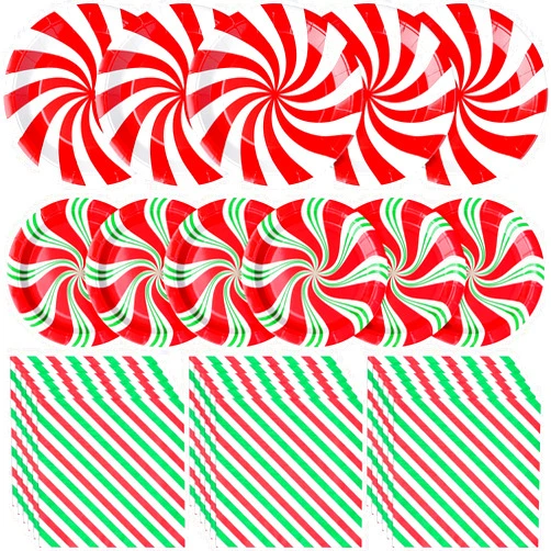 Jectivs 150 Pcs Christmas Candy Cane Party Plates Supplies,Christmas Disposable Dinner Tableware Peppermint Swirl Red Green Paper Plates and Napkins for Christmas New Year Holiday Party Decorations,Serve 50