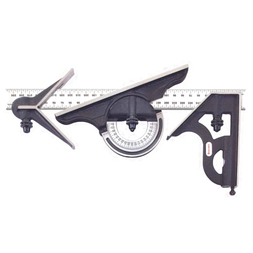 Starrett C435M-300 Cast Iron Square, Center and Reversible Protractor Heads with Satin Chrome Blade Combination Set, Black Wrinkle Finish, 300mm Size