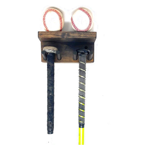 MWCSPORTS Baseball Bat Rack Holds 3 Bats and 2 Baseballs/Softballs Wood Shelf Rack Metals Awards Trophy F-2 B-2
