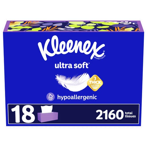 Kleenex Ultra Soft Facial Tissues, 18 Flat Boxes, 120 Tissues per Box, 3-Ply (2,160 Total Tissues), Packaging May Vary