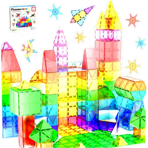 PicassoTiles Magnetic Tiles 60pcs Kids Toys Classroom Sensory Toy for Toddlers STEM Learning Building Blocks, Montessori Pretend Play Magnet Tile Construction Stacking Block Boys Girls Ages 3+ PT60
