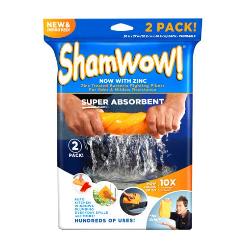 ShamWow - New & Improved Super Absorbent Multi-Purpose Cleaning Shammy Chamois Towel Cloth - Holds 10X its Weight in Liquid - Zinc Treated Odor Fibers - Machine Washable - Will Not Scratch (2 Pack)