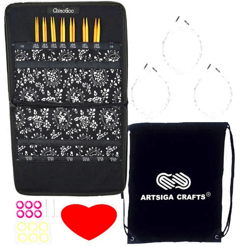 ChiaoGoo Spin Bamboo 4-Inch Small 2400-S Interchangeable Circular Knitting Needle Set, Sizes US 2, 3, 4, 5, 6, 7, 8 with 3 Cords, 12 Stitch Markers, 1 Gauge with Project Bag