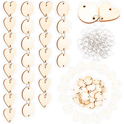 SOFPLATE 100Pcs Family Birthday Plaque Tags Wooden Heart Tags with Holes Wood Circles and 100Pcs Jump Rings Links Unfinished Wood for DIY Crafts Family Sign Birthday Calendar Chore Boards Valentine