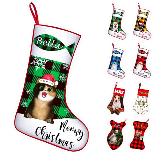 PFTPOW Personalized Cat Christmas Stocking with Name Custom Pets Christmas Stockings for Cats Customized Plaid Stockings Decor Gifts for Xmas Tree Holiday Farmhouse