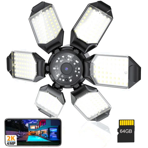 DIDseth Garage Light Camera, 2K 4MP Floodlight Camera, 2.4GHz WiFi Porch Light Camera, 1200 Lumens, Motion Detection, Color Night Vision, Siren Alarm, 24/7 Recording, E26/27 Socket, SD Card Included