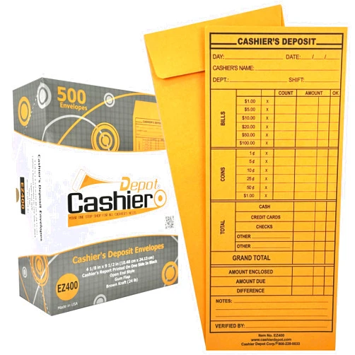 CASHIER DEPOT YOUR ONE STOP SHOP FOR ALL CASHIER'S NEEDS 1000 Cashier Depot EZ400 Cashier's Deposit Report Envelope, 4 1/8