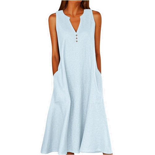 Generic Summer Linen Dresses for Women 2025 Button V Neck Sleeveless Midi Dress Casual Cotton Gauze Shift Dress with Pockets