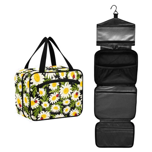 CHIFIGNO Spring Daisies And Ladybirds Cosmetic Travel Bag with Hanging Hook, Multifunctional Wash Bag Makeup Bag for Make Up Brushes Set, Shaving Brush Daisies And Ladybirds Large