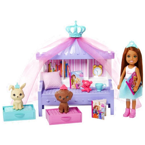 Barbie Princess Adventure Chelsea Princess Storytime Playset, with Chelsea Doll, Canopy Bed, 2 Pets and Accessories, Gift for 3 to 7 Year Olds