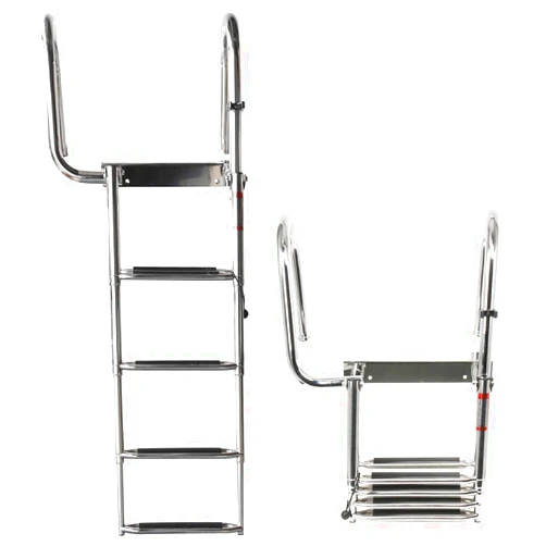 Amarine Made 4 Steps Removable Premium Stainless Folding Rear Entry Pontoon Boat Ladder w/Extra Wide Step-Left