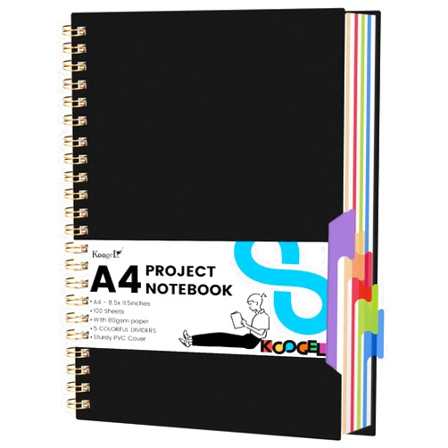 Koogel Notebook with Dividers，A4 Spiral Notebook with Tabs Journals for Women with 200 Pages 5 Subject Notebook for Work, Back to School, Gifts, Black