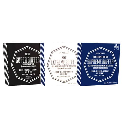 SPONGELLÉ Men’s Supreme, Super and Extreme Buffer Set | Dual-Sided Scrubber & Body Wash Infused | Deep Cleansing & Exfoliating | 20+ Washes