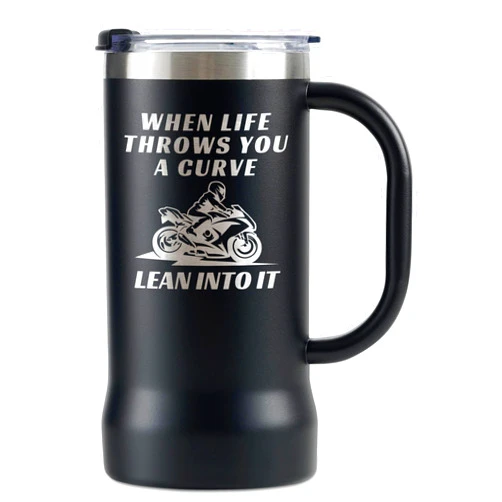 Onebttl Motorcycle Gifts for Men, When Life Throws You a Curve, Lean into it, Stainless Steel Beer Stein Tumbler, 24oz Beer Mug with Lid
