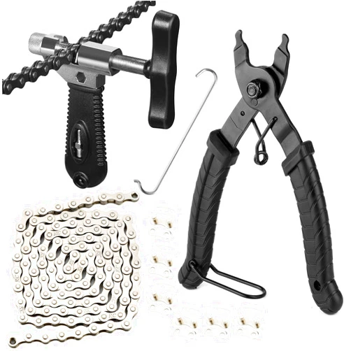 A AKRAF Bike Chain Repair Tool Kit with Single Speed Chain, Chain Breaker with Hook, Bike Link Plier and 6 Pairs Bicycle Buckle for Road Mountain Racing Cycling