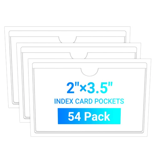 MaxGear 54 Pcs Index Card Pockets with Top Open, Adhesive Pockets, Plastic Label Holder for Note Cards and Library Cards, Clear Adhesive Pockets for 2