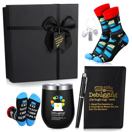 Reallnaive 6 Pcs Computer Programmer Gifts for Men Debugging Definition Programmer Gifts 12oz Stainless Steel Cup Socks Keychain Pen Notebook Box for IT Developers Computer Geeks Nerd Hackers Coders