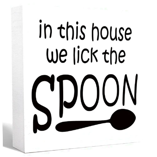 SJNH Kitchen Wood Box Signs,In this House We Lick the Spoon Kitchen Wood Block Signs with Sayings for Kitchen Table Decor,Funny Kitchen Sign Decor for Shelf Counter