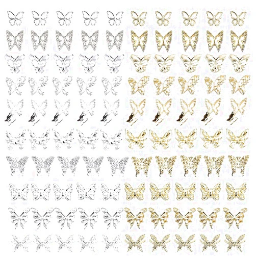 KACHIMOO Butterfly Nail Charms,100 PCS Nail Charms Silver Nail Butterfly Charms Gold Butterflies Charms Butterfly Charms for Nails 3D Nail Charms Gold Nail Charms Silver Charms for Acrylic Nails