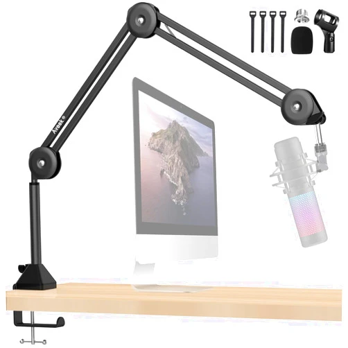 Aveek Overhead Mic Boom Arm Stand, Desk Boom Arm Microphone Stand with Detachable Riser Mount Clamp 3/8