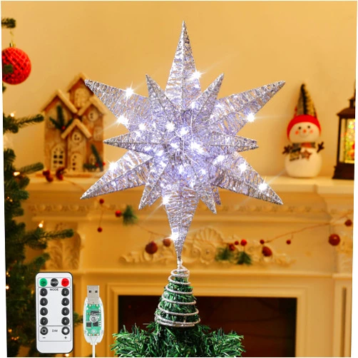Roylvan Christmas Tree Topper Star, 3D Lighted Tree Topper with 8 Lighting Modes & Timer USB Power Xmas Indoor Decor Ornaments Adjustable Brightness Decor Festival Gift for Xmas Holiday Party, Silver