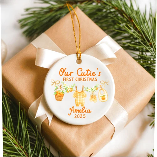 Custom Xmas Gift, Little Cutie Baby’s First Christmas Ornament, New Mom with Orange, 1st Birthday Keepsake, Personalized Baby Name Year Christmas Ornament 2025, Festive Xmas Decor