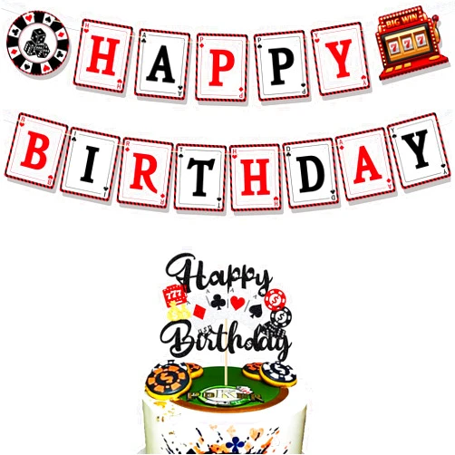 Ushinemi Casino Theme Party Decorations Poker Night Happy Birthday Banner With Glitter Las Vegas Casino Cake Decorations Poker Cake Topper Casino Party Supplies