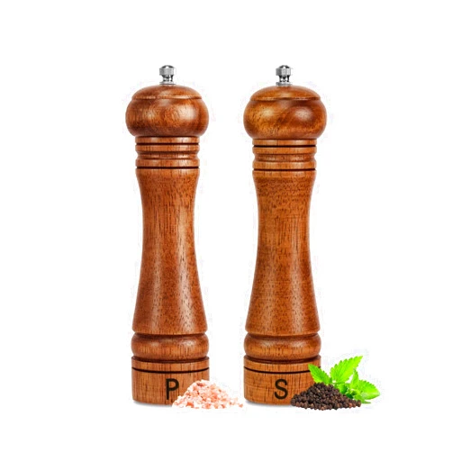 Haomacro Wooden Salt and Pepper Grinder Set Refillable Salt & Pepper Mills Adjust for Coarseness, Crafted of Solid Oak Wood with Ceramic Stainless Steel Core, 8 Inches - 2 Packs