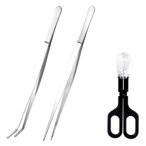 kathson Aquarium Tweezers Extra Long 15 inches, Reptile Feeding Tongs Stainless Steel Straight and Curved Tweezers Cricket Clamp Bug Scooper for Snake Lizard Gecko Spider Bearded Dragon (3 Pcs)